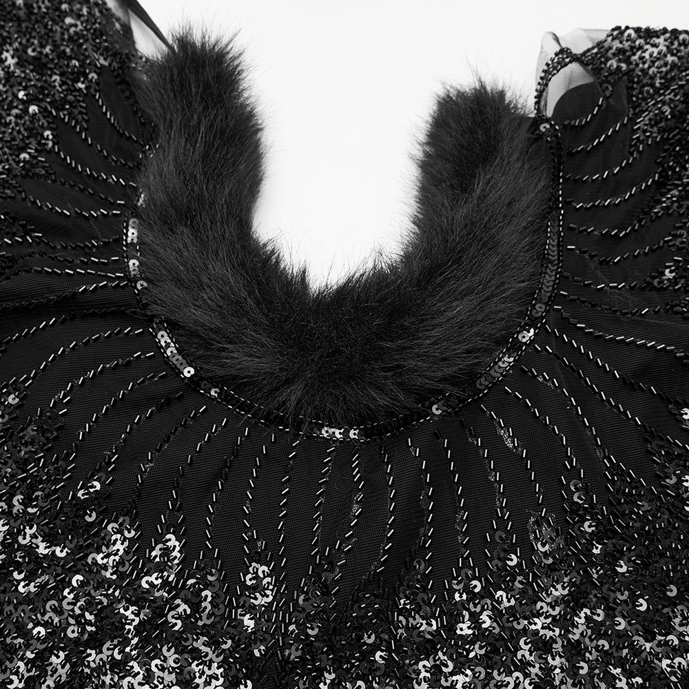 Gothic Black Feather Shoulder Cape with Sequins, featuring exquisite sequin embellishments and a fluffy collar.