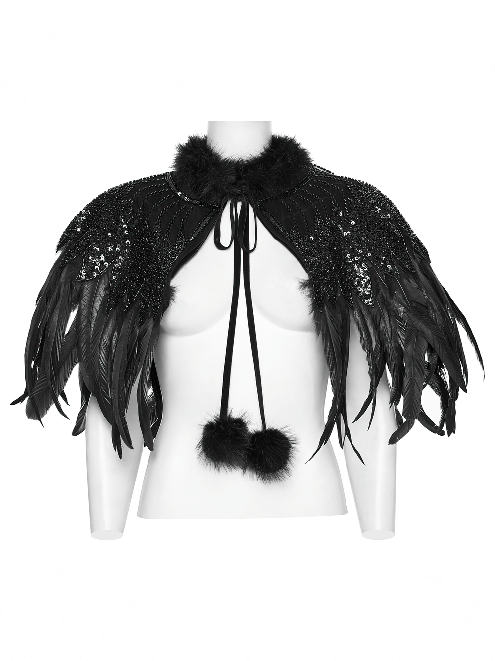 Gothic Black Feather Shoulder Cape with Sequins displayed on a mannequin, featuring luxurious feathers and sequins.
