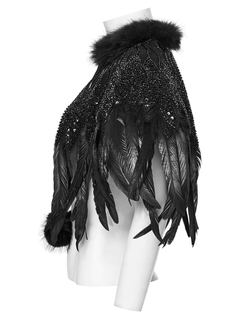 Gothic Black Feather Shoulder Cape with Sequins featuring exquisite feathers and sequin embellishments.