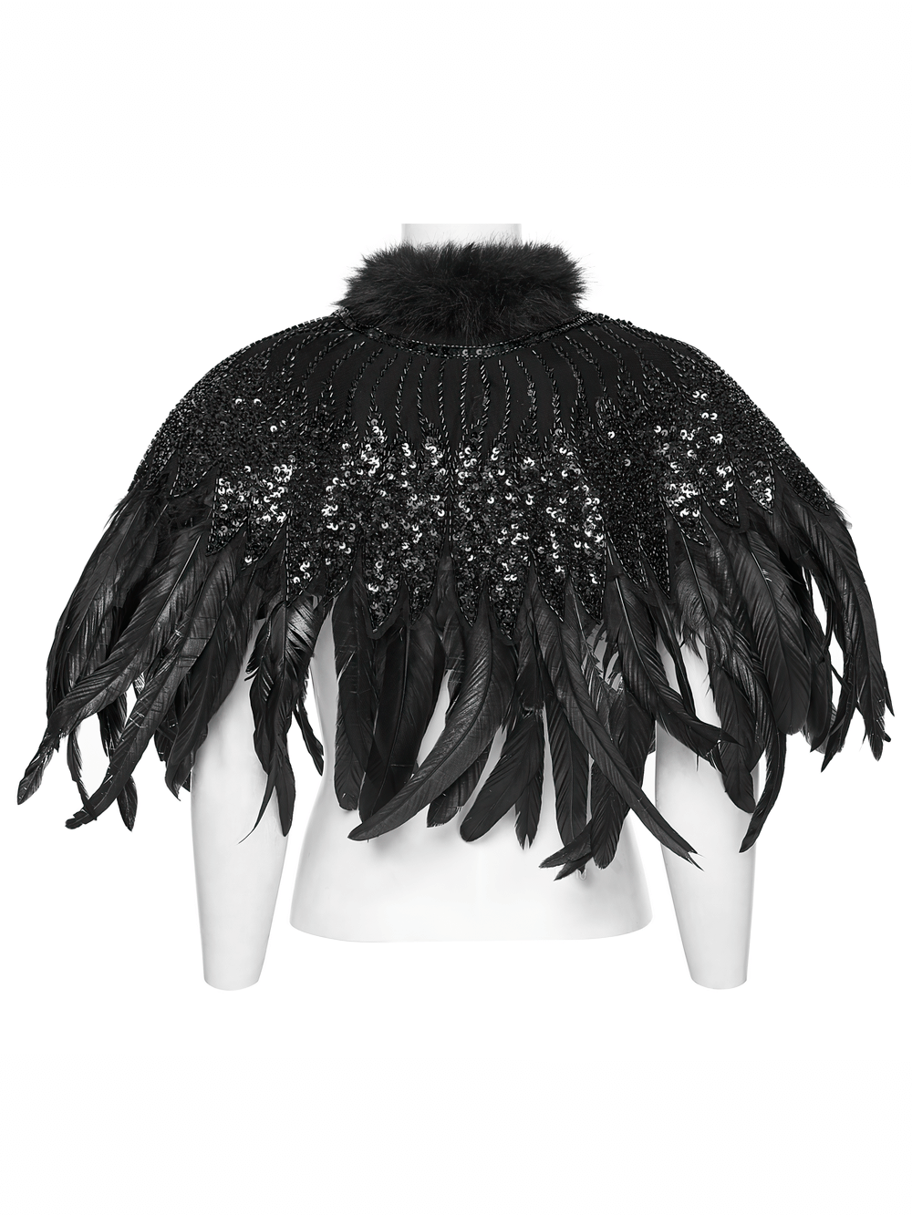 Gothic Black Feather Shoulder Cape with Sequins showcasing flowing feathers and shimmering sequins against a dark backdrop.