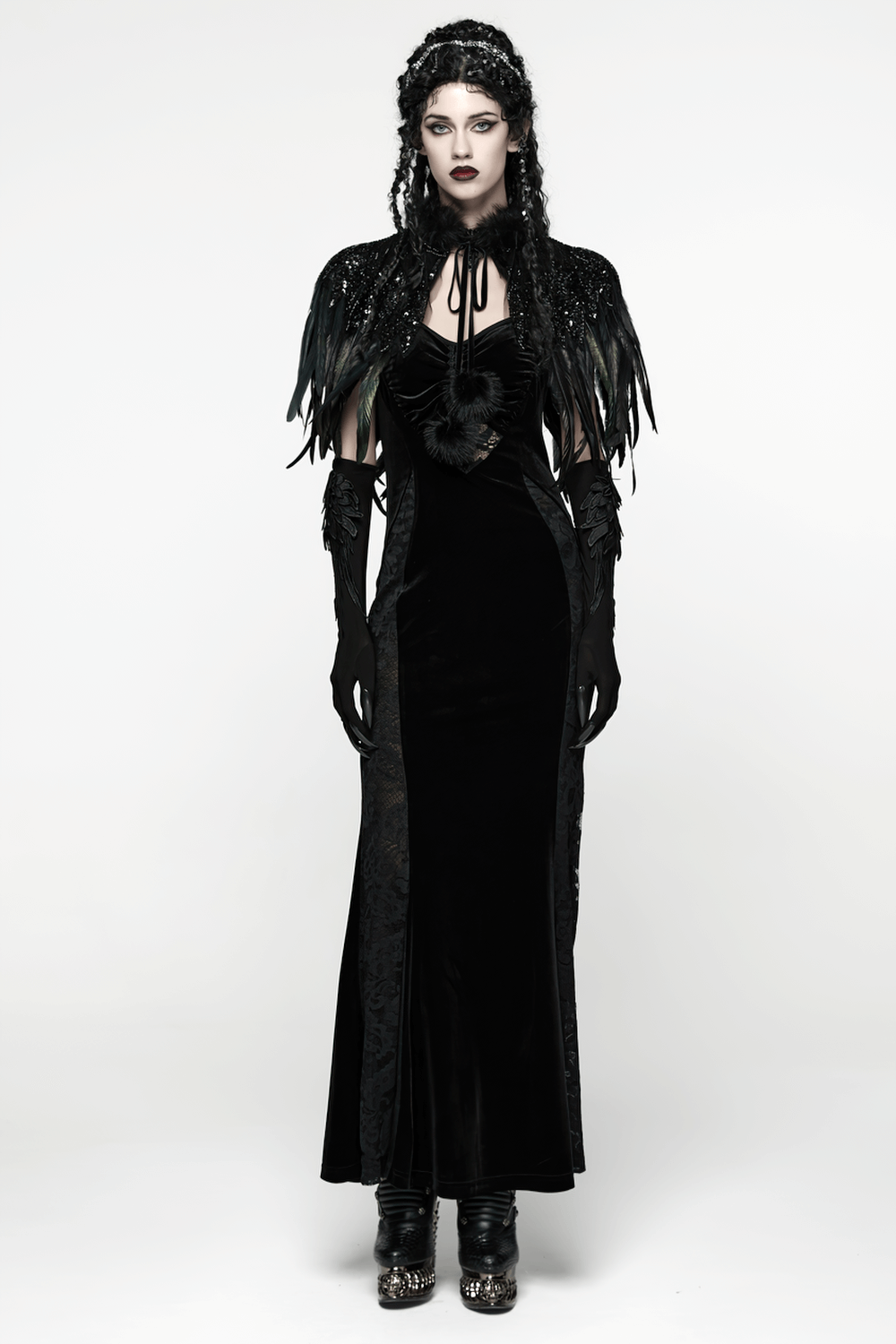 Gothic Black Feather Shoulder Cape with Sequins worn by model, featuring sequined mesh and luxurious velveteen.