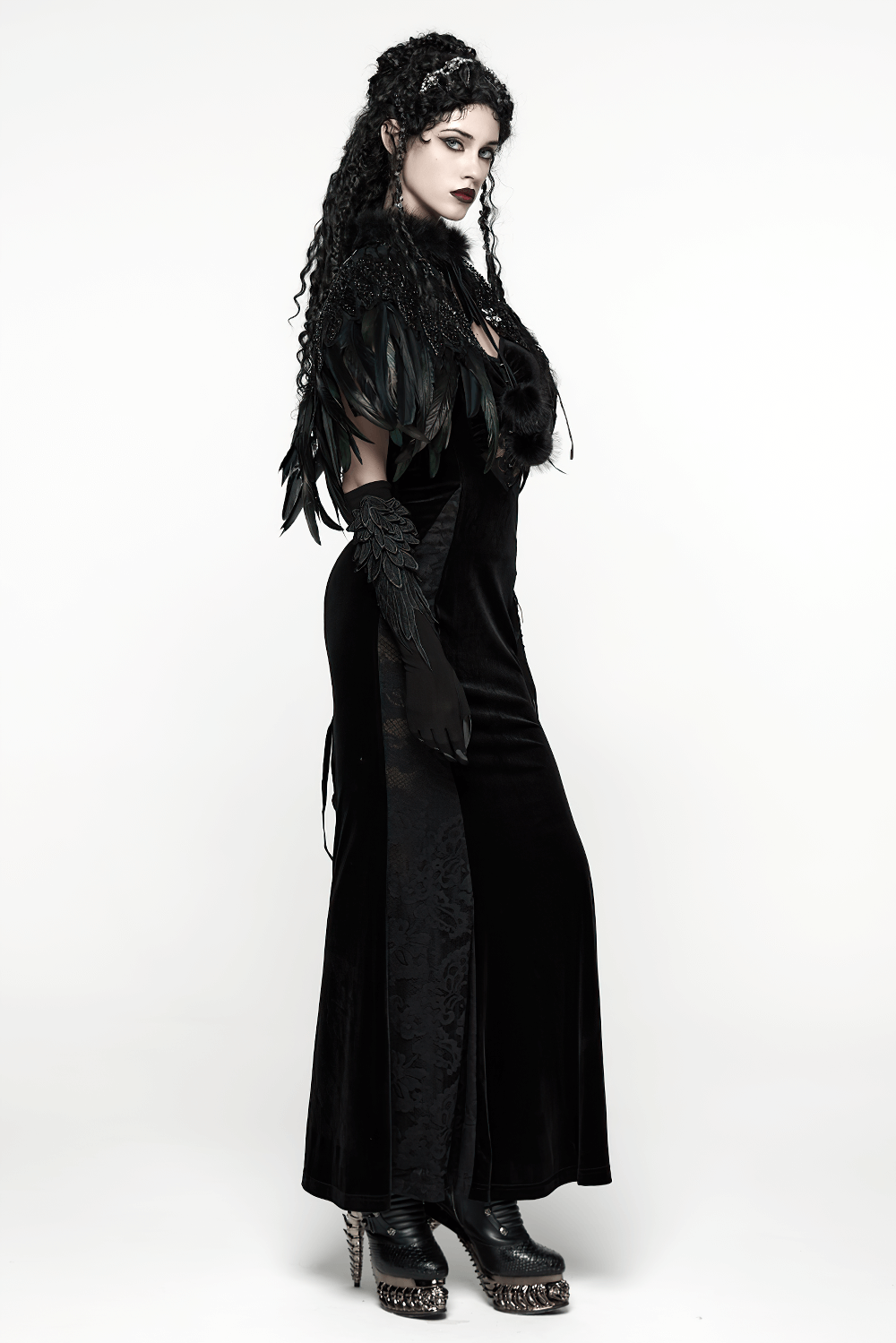 Gothic Black Feather Shoulder Cape with Sequins worn by model, showcasing dark elegant style and dramatic flair.