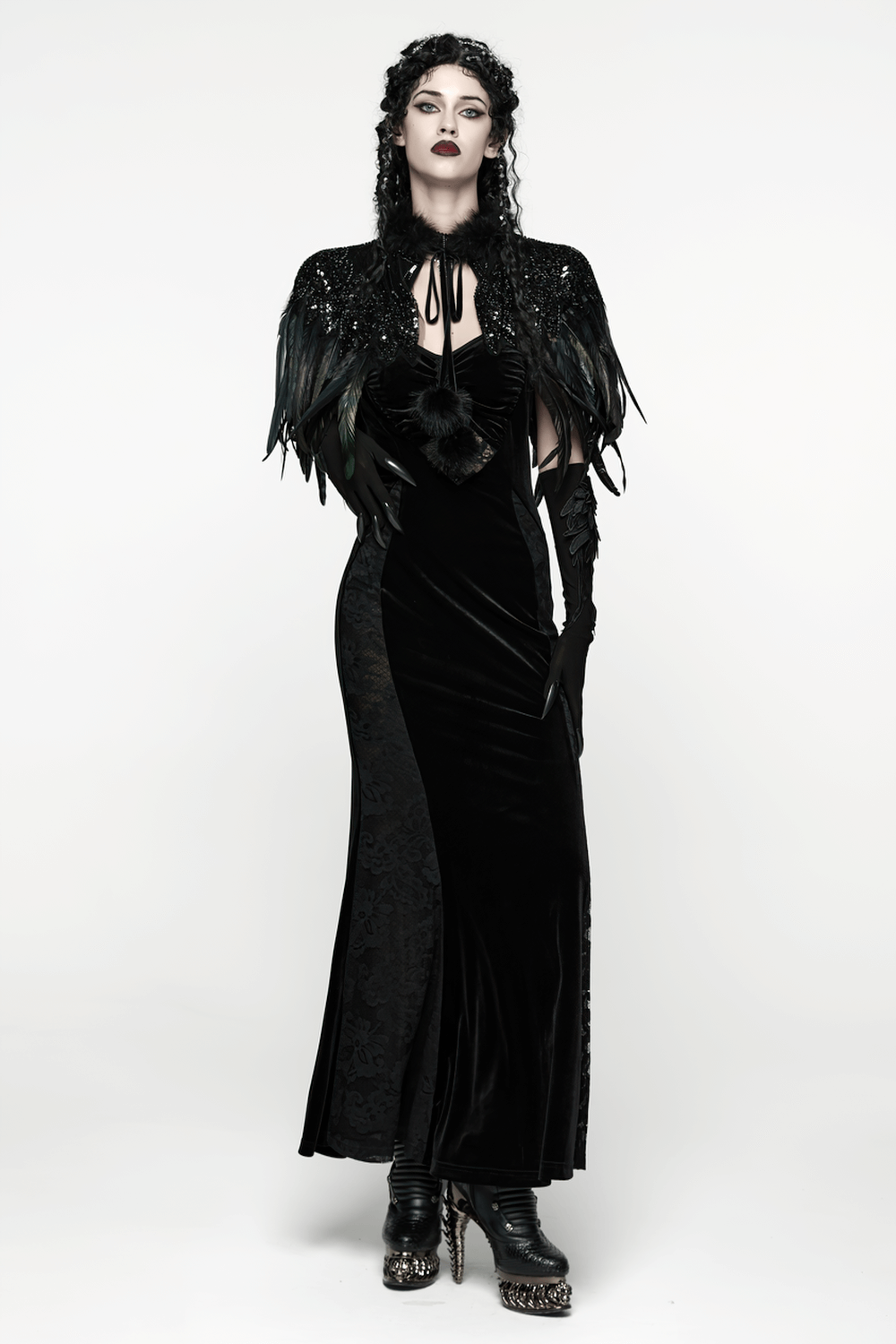 Gothic Black Feather Shoulder Cape with Sequins worn over a black velvet dress, showcasing dramatic elegance and gothic style.