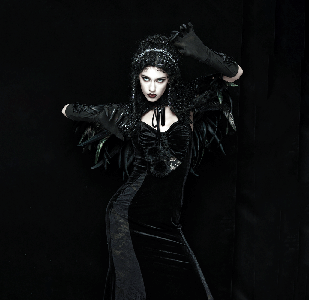 Gothic Black Feather Shoulder Cape with Sequins worn by a model showcasing dark elegance and dramatic style.