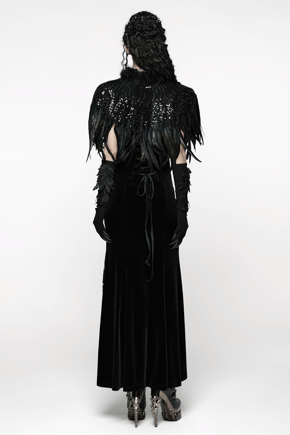 Gothic Black Feather Shoulder Cape with Sequins worn on a model showing a dramatic back view and elegant design.