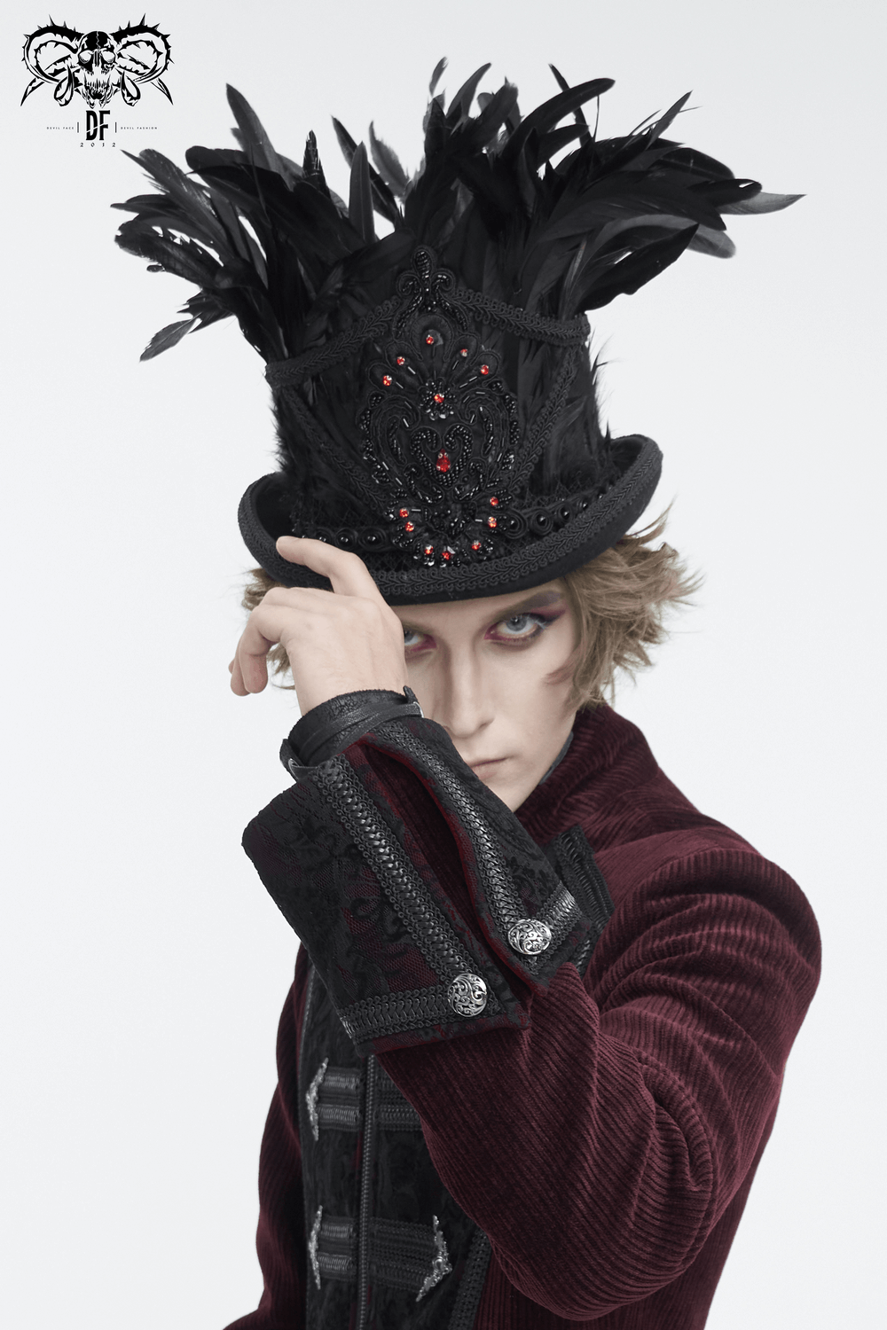 Gothic Black Feathered Top Hat with Embroidered Accents