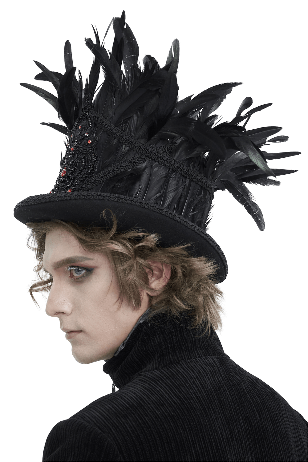 Gothic black feathered top hat with embroidered accents and red jewel details, perfect for alternative fashion.