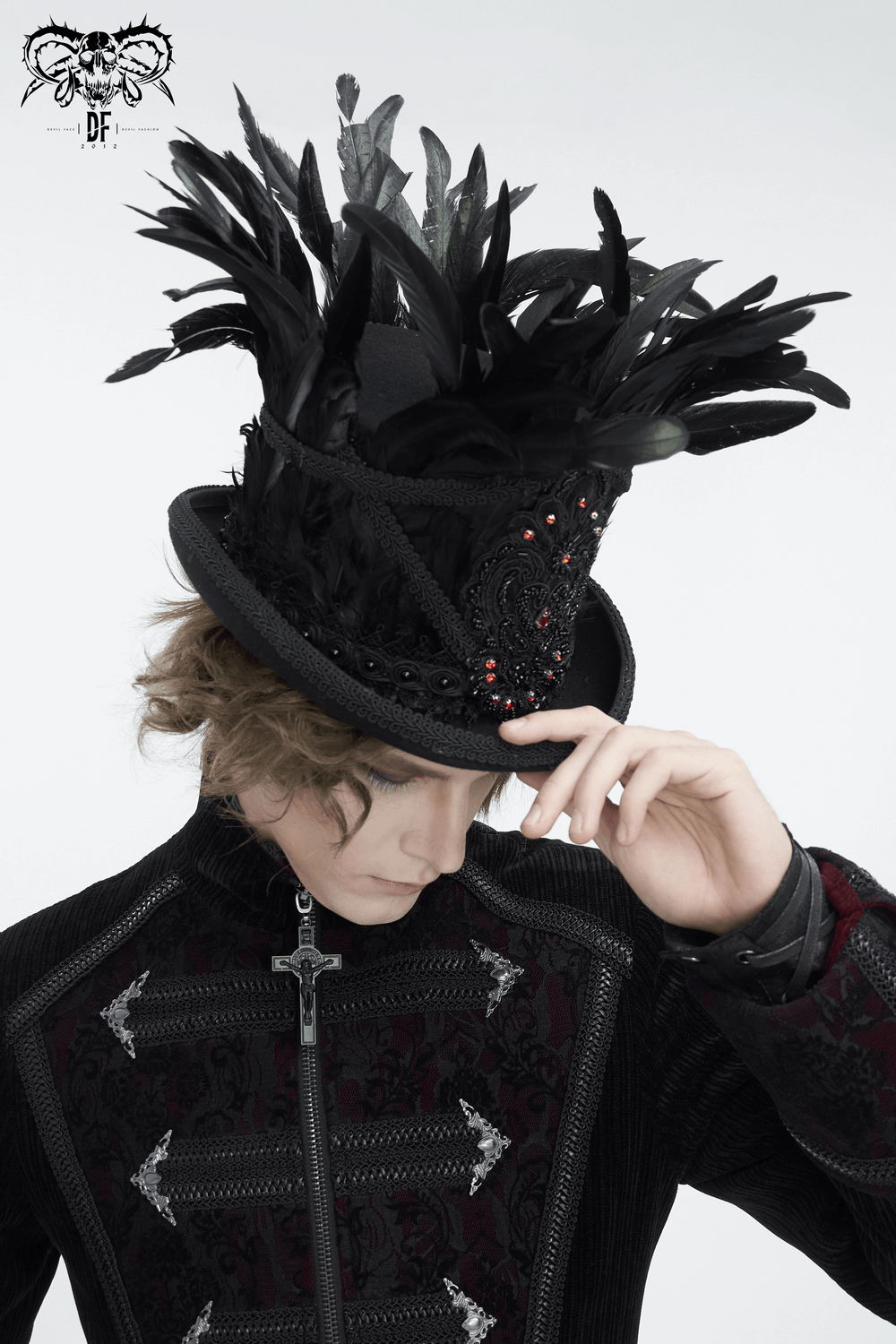 Gothic Black Feathered Top Hat with Embroidered Accents