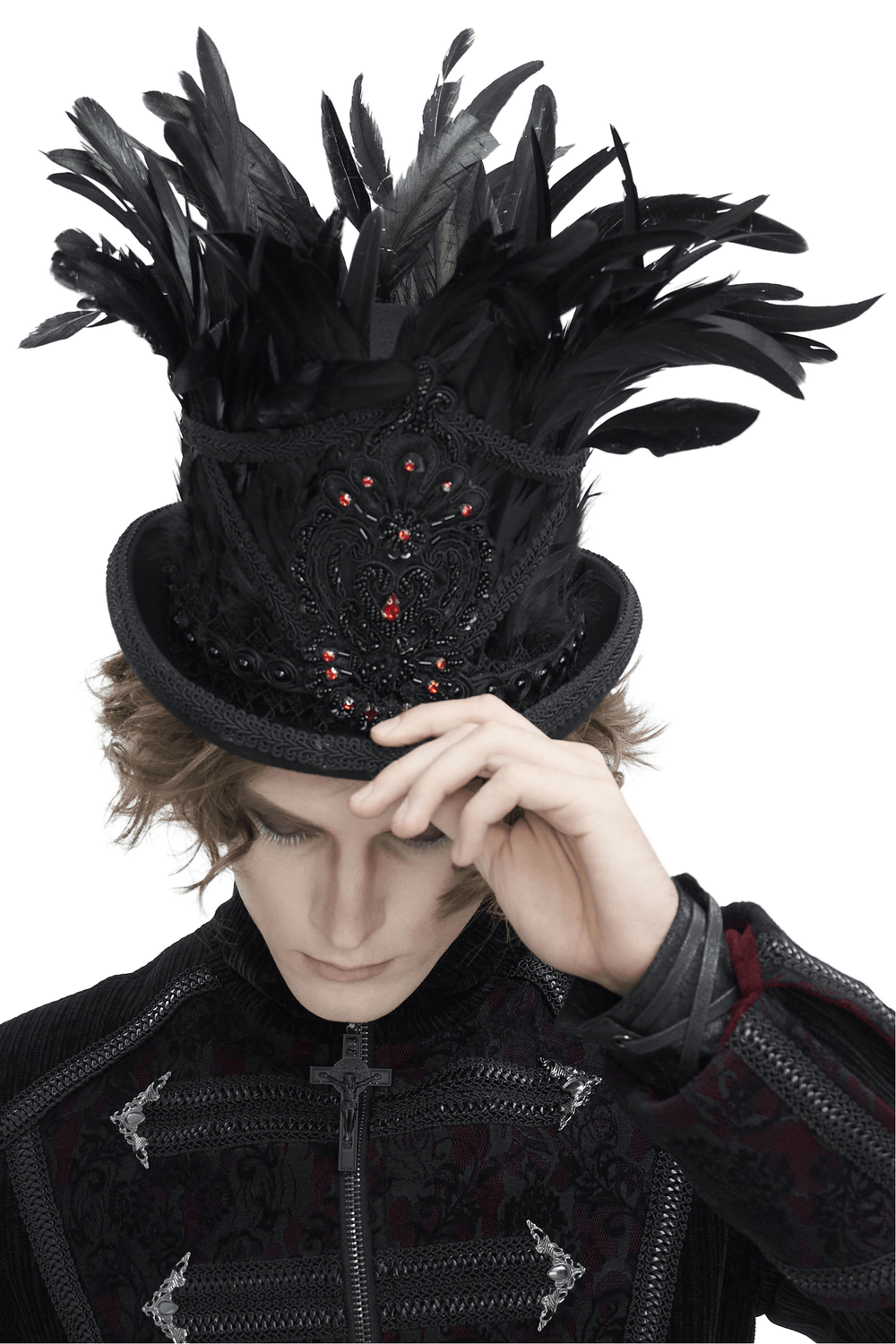 Gothic Black Feathered Top Hat with Embroidered Accents