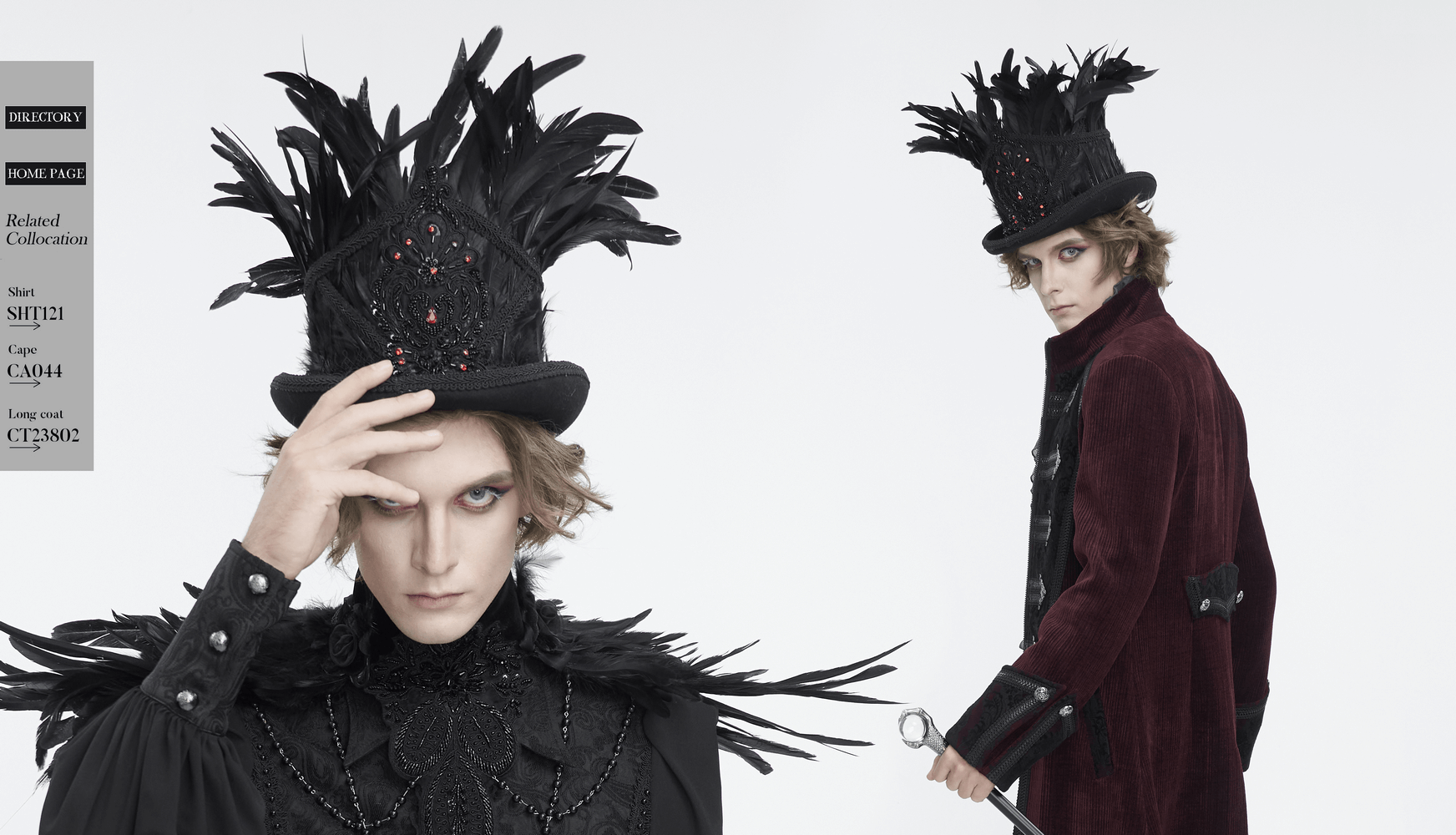 Gothic black feathered top hat with red jewel details and embroidered accents, worn by a model in dark attire.