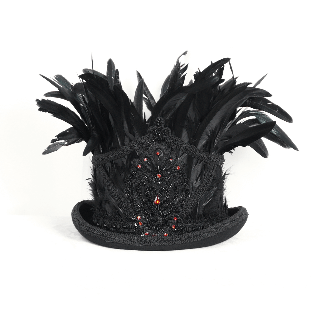 Gothic black feathered top hat with red jewel details and intricate embroidery, a stunning accessory for dark elegance.