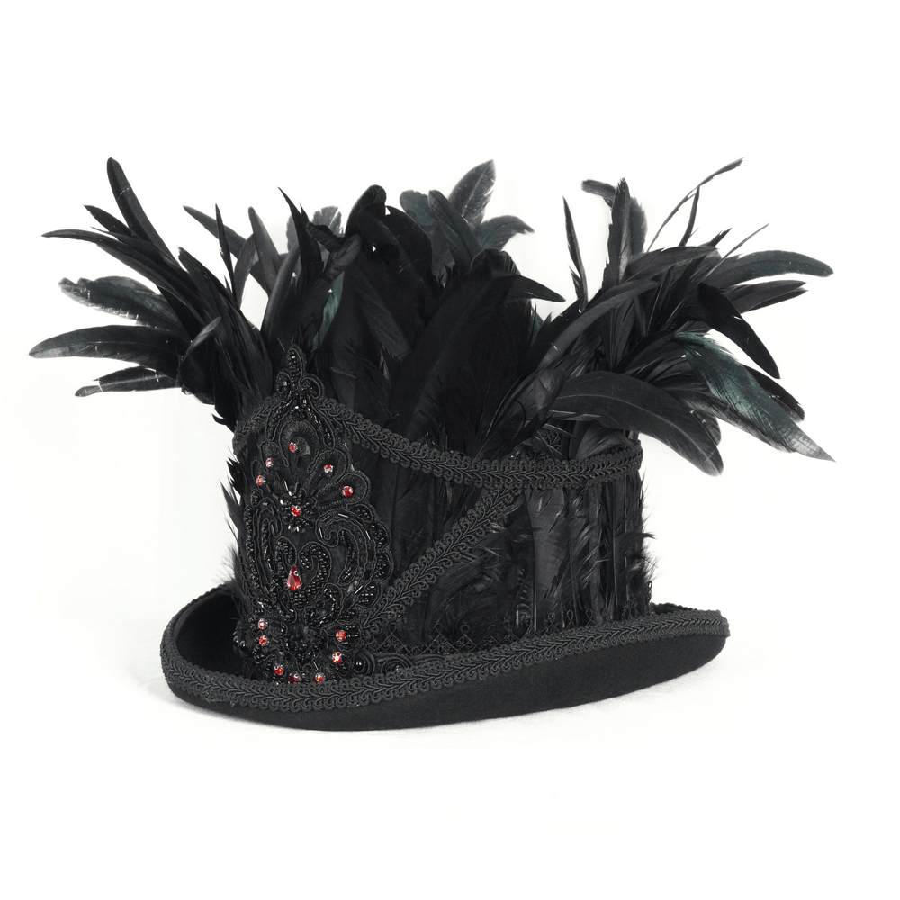 Elegant gothic black feathered top hat with red jewels and embroidered accents, perfect for bold fashion statements.