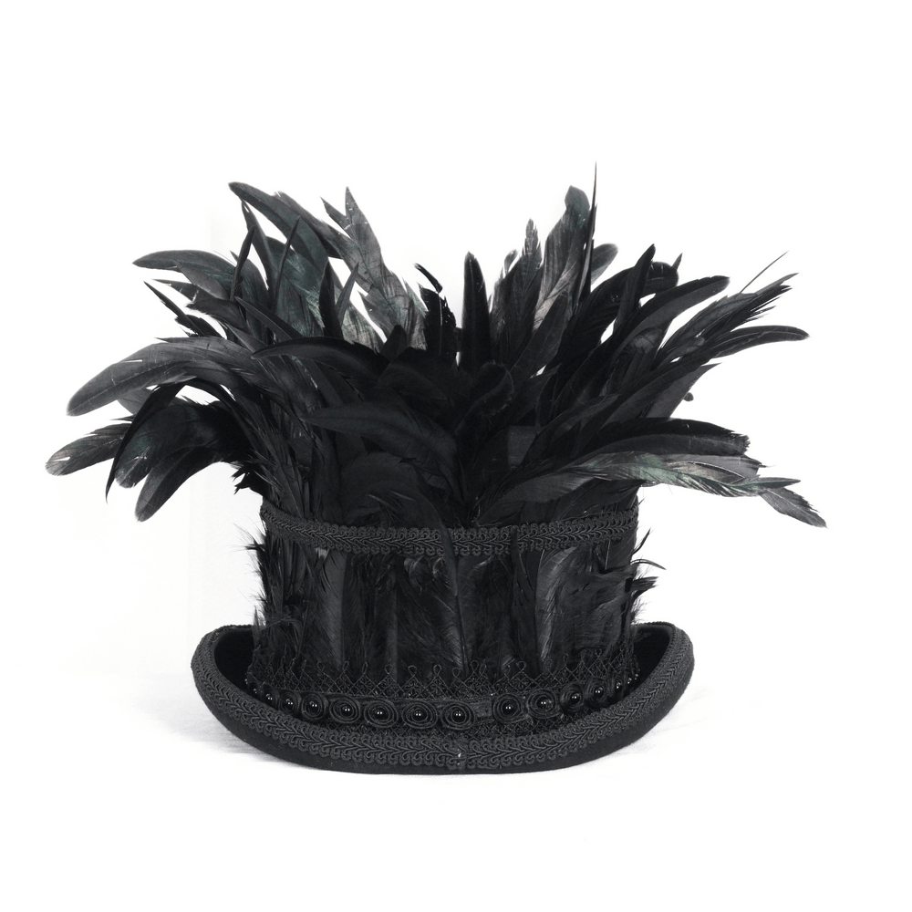 Gothic black feathered top hat with embroidered accents and elegant red jewel details.