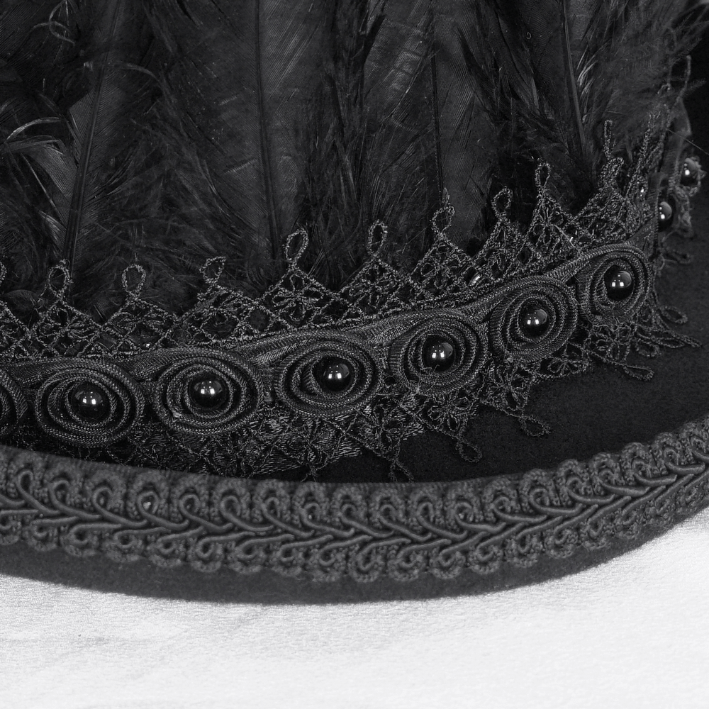 Gothic Black Feathered Top Hat with Embroidered Accents