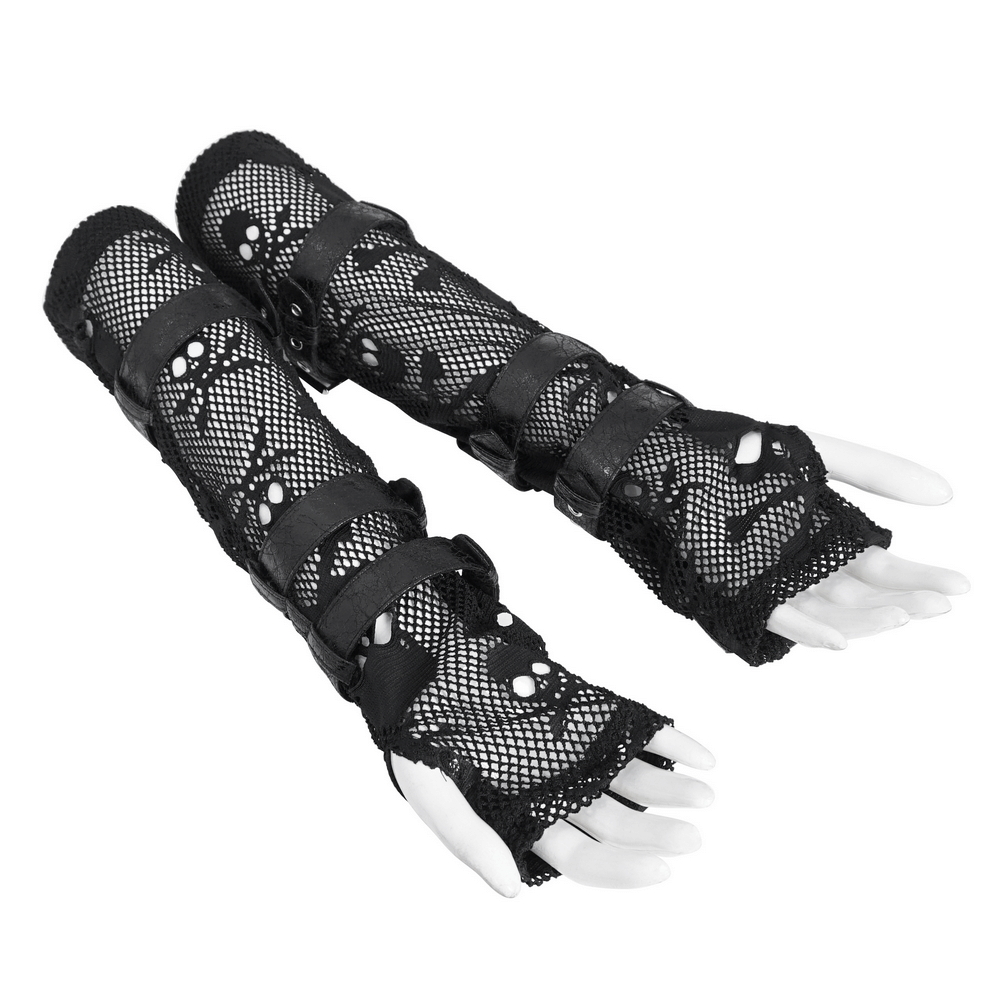 Gothic black fishnet fingerless gloves with buckles for a punk rock look, stylish and breathable mesh design.