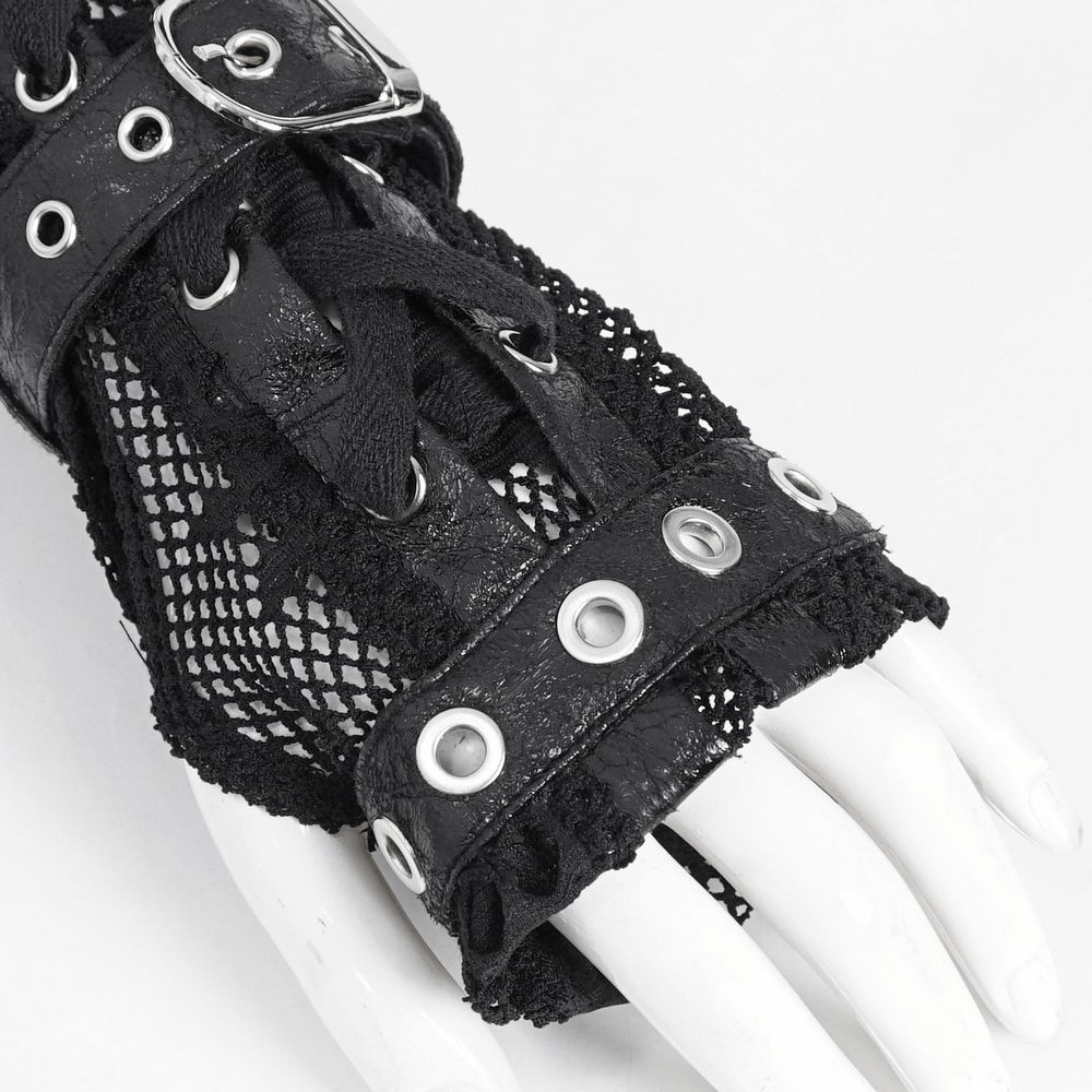 Gothic black fishnet fingerless gloves with buckles and eyelets on a mannequin hand, adding punk rock style.