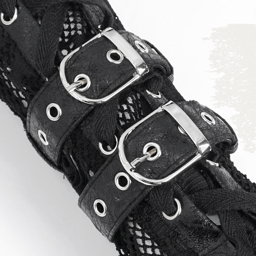Close-up of gothic black fishnet fingerless gloves featuring stylish buckles and edgy lace design.