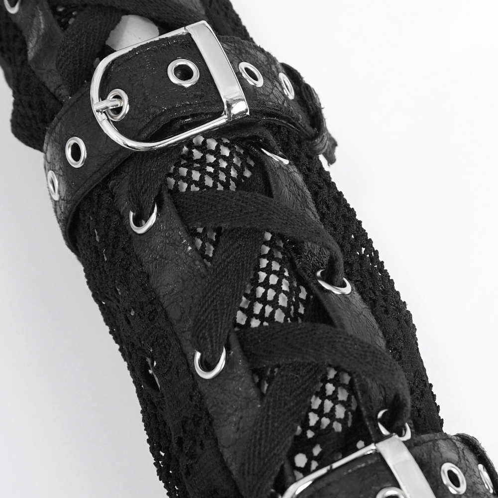 Close-up of gothic black fishnet fingerless gloves with buckles, showcasing their punk rock style and breathable mesh design.