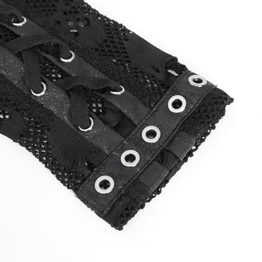 Close-up of Gothic black fishnet fingerless gloves with edgy buckles and lacing details, perfect for punk rock style.