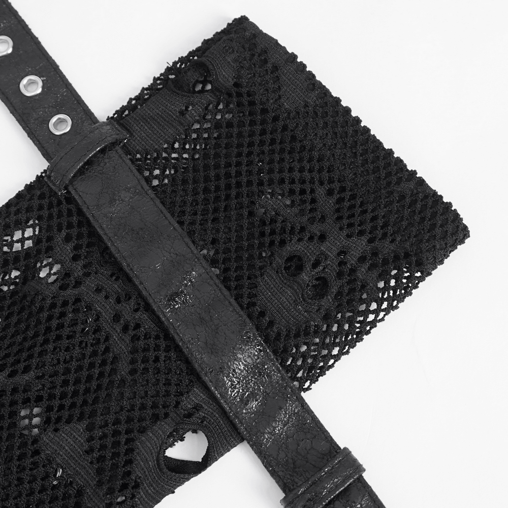 Gothic black fishnet fingerless gloves with buckles, perfect for punk rock outfits and edgy costumes.