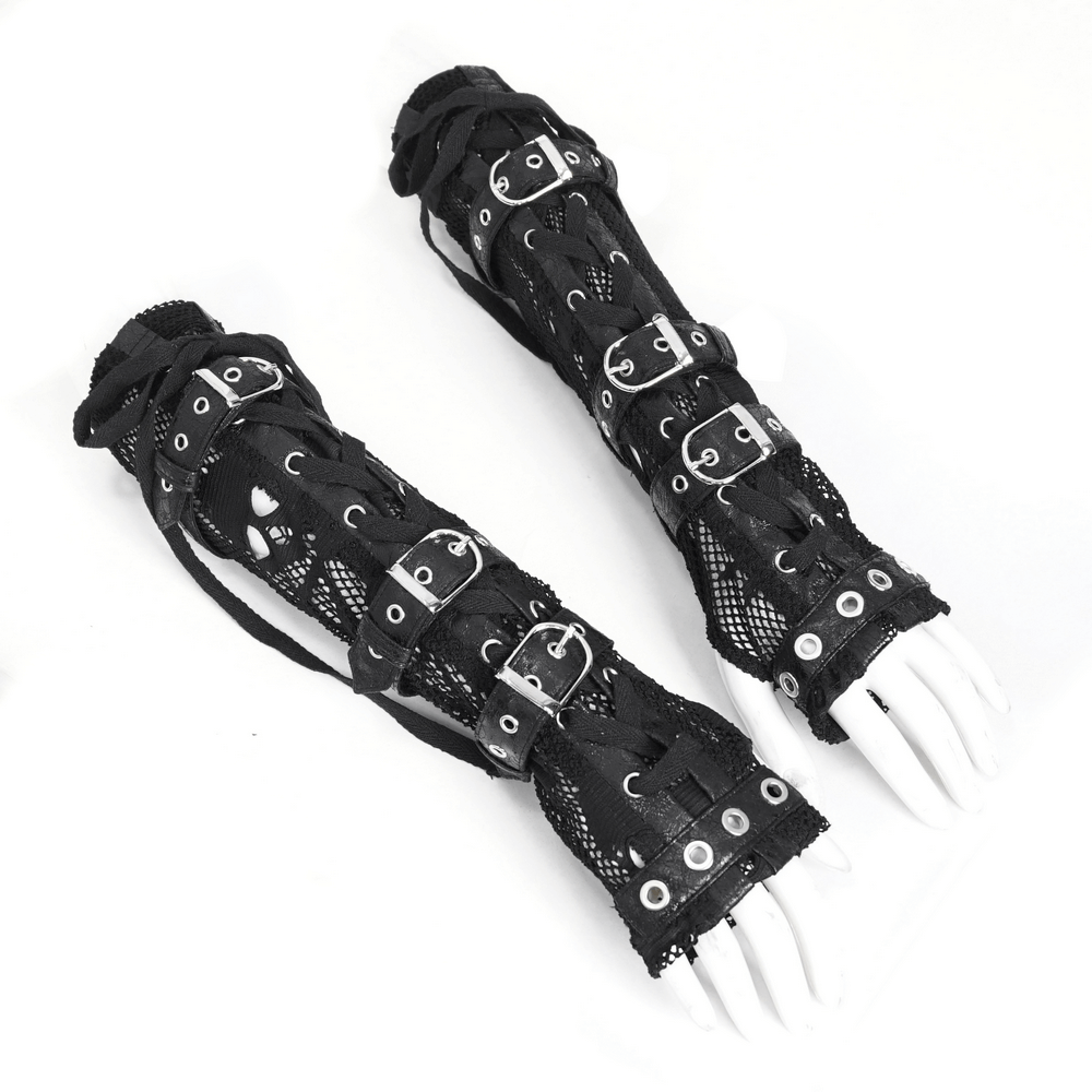 Gothic black fishnet fingerless gloves with buckles, adding punk rock flair to any outfit.