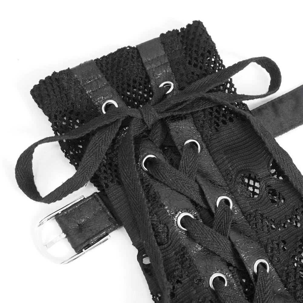 Edgy black fishnet fingerless gloves with buckles and lace-up design, perfect for punk rock fashion.