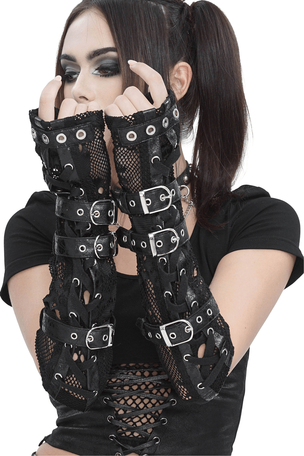 Gothic Black Fishnet Fingerless Gloves with Buckles