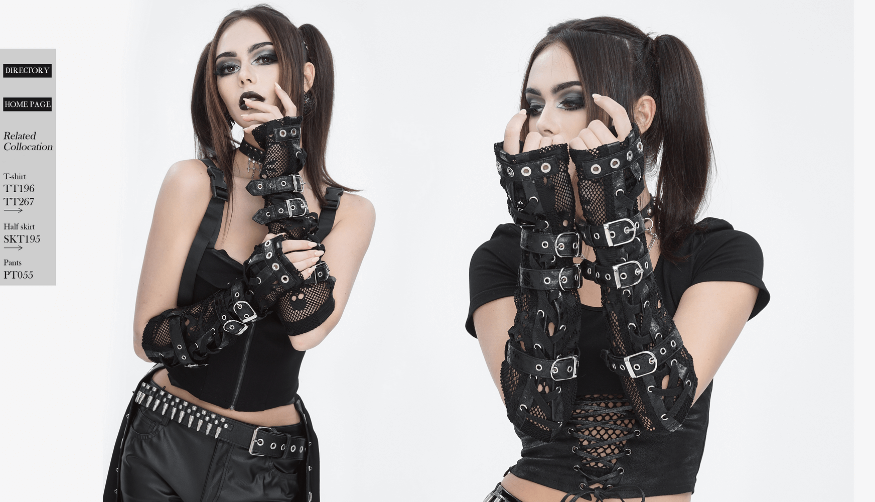 Stylish model showcasing Gothic black fishnet fingerless gloves with buckles, perfect for punk rock outfits.