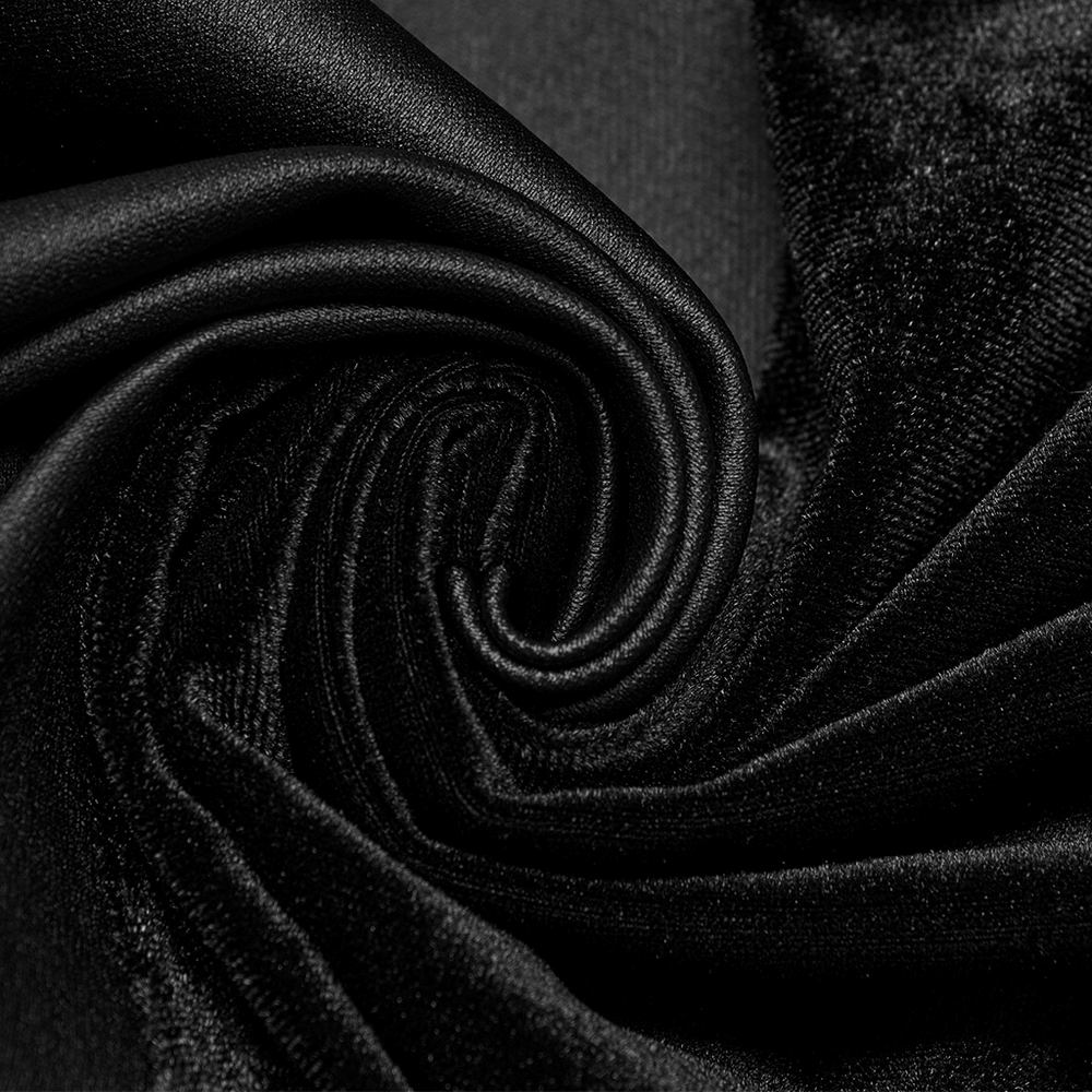 Close-up of soft black elastic velvet fabric in a swirling pattern, perfect for gothic fashion designs.