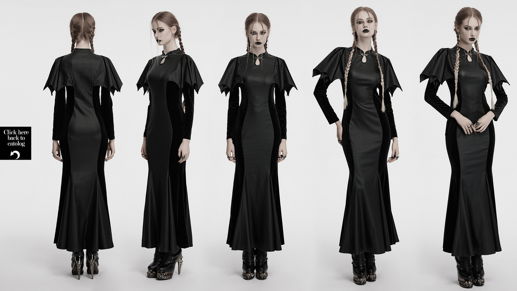 Gothic black fishtail dress with bat shoulders and keyhole collar, showcasing elegant silhouette and dark aesthetic.
