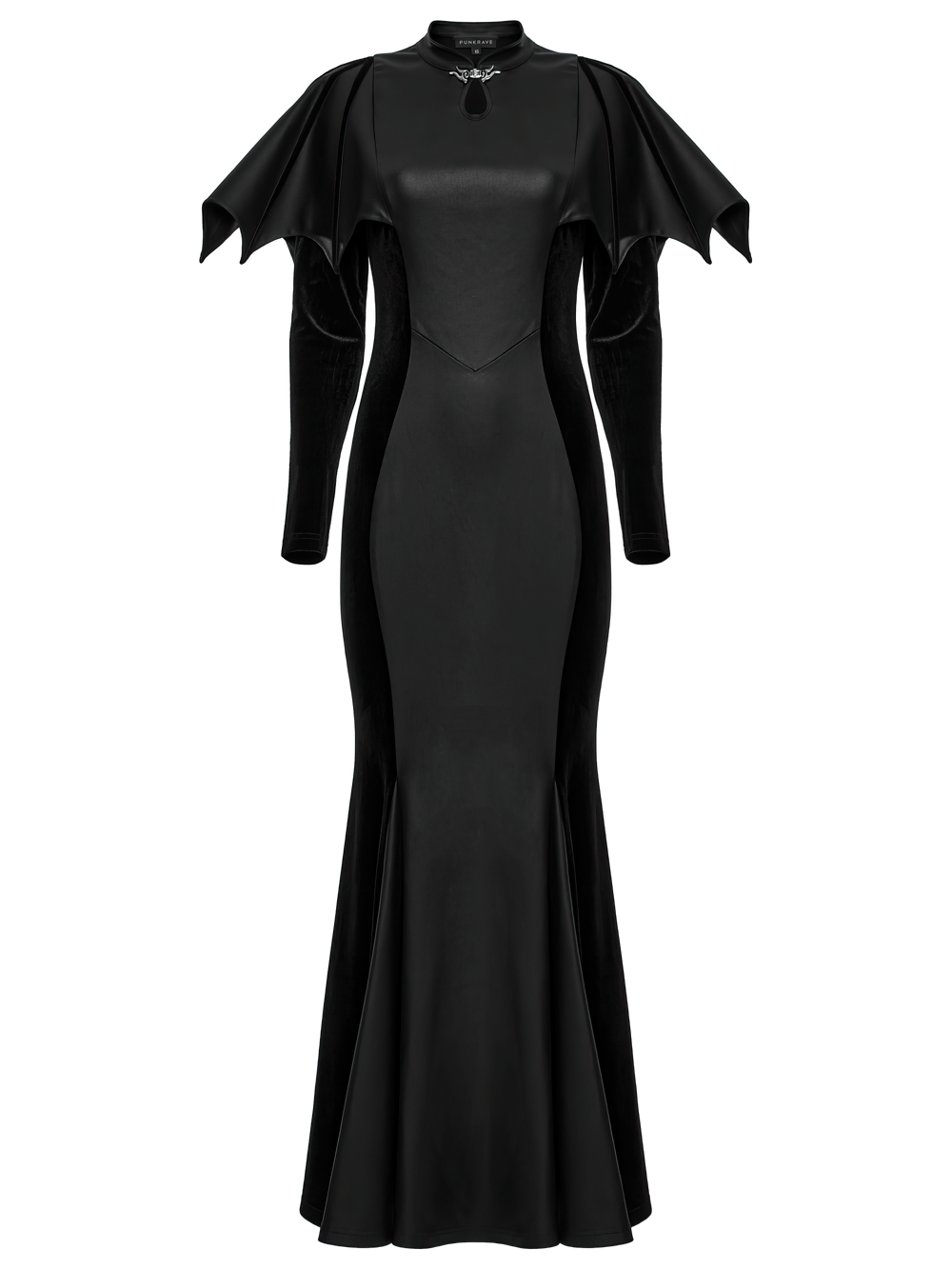 Gothic black fishtail dress with bat shoulders and keyhole collar, perfect for a dark witchy aesthetic.