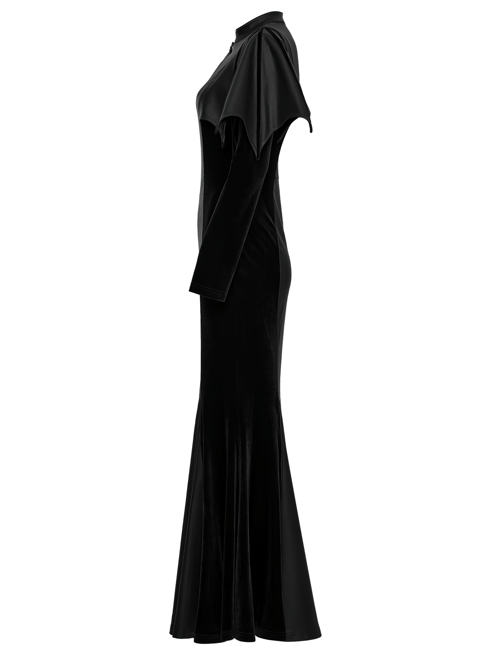 Elegant gothic black fishtail dress with bat shoulders and keyhole collar, showcasing a dark, stylish silhouette.