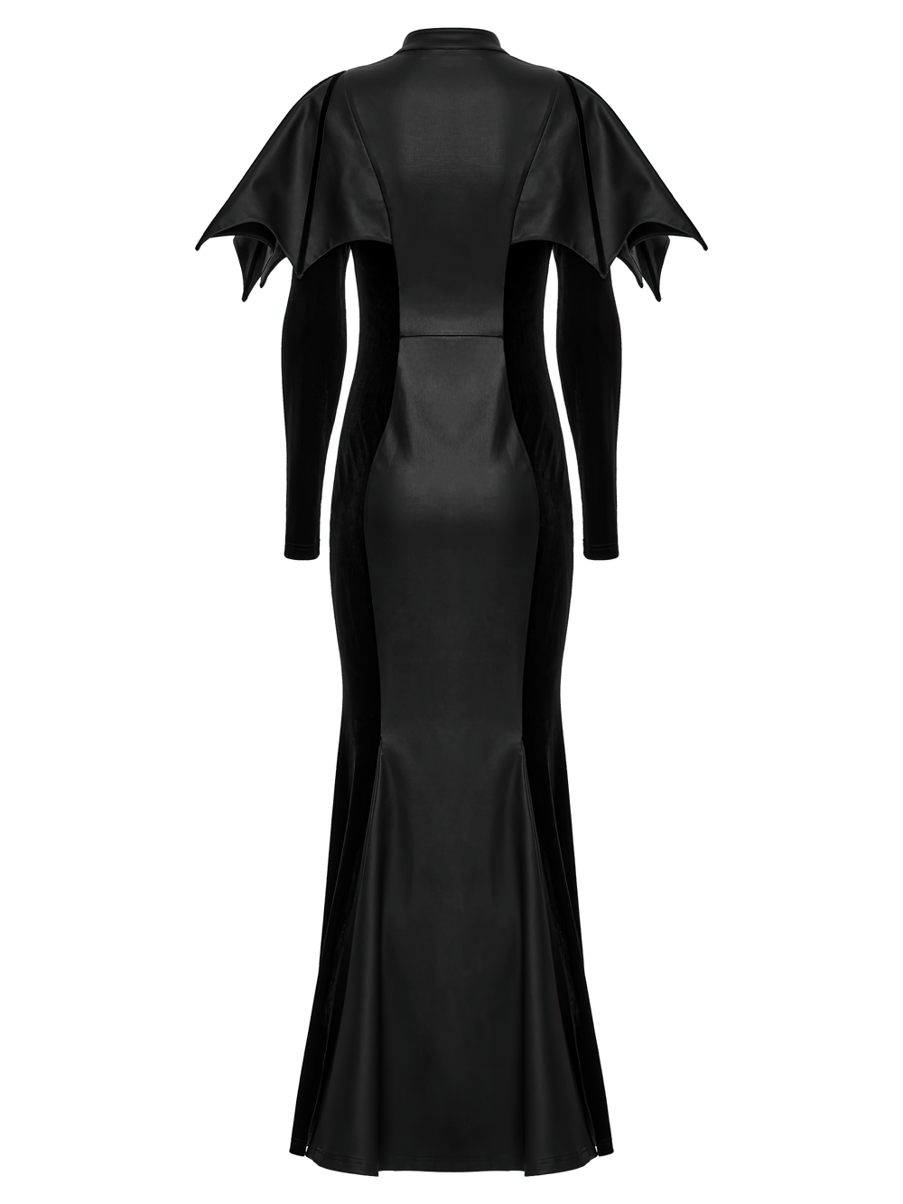 Back view of a Gothic black fishtail dress with bat shoulders and elegant cut, showcasing its sleek silhouette.