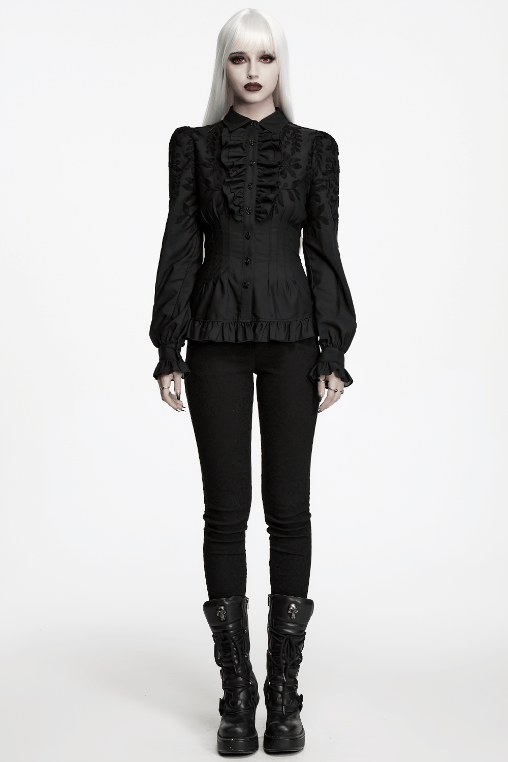 Schwarze Gothic-Rüschenbluse mit Blumenstickerei
