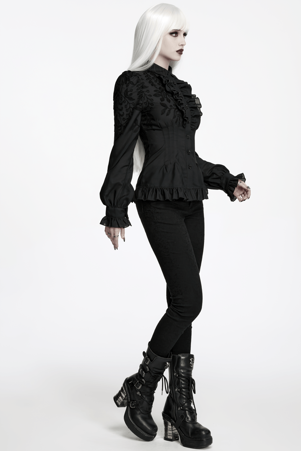 Schwarze Gothic-Rüschenbluse mit Blumenstickerei