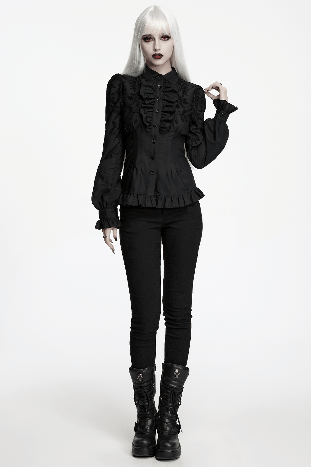 Schwarze Gothic-Rüschenbluse mit Blumenstickerei