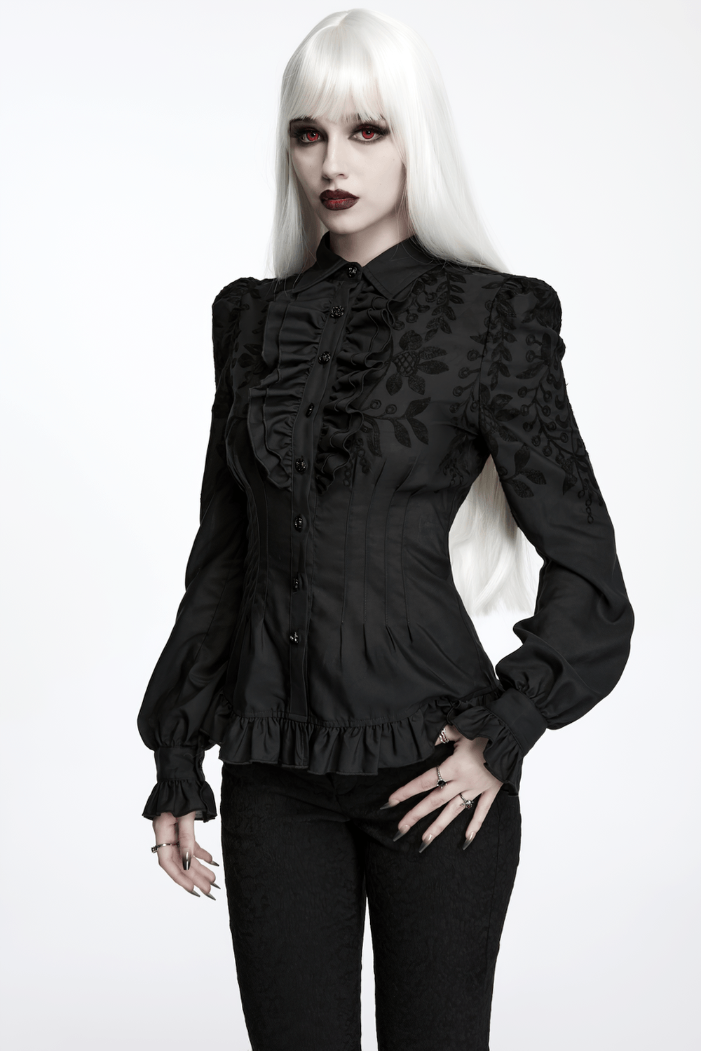 Schwarze Gothic-Rüschenbluse mit Blumenstickerei