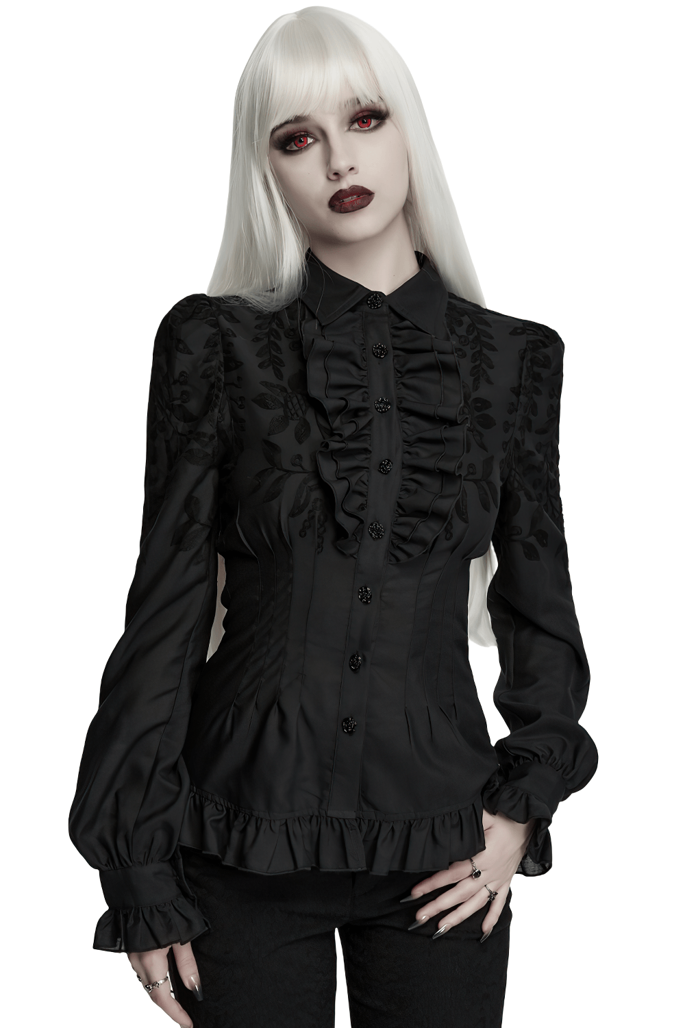 Schwarze Gothic-Rüschenbluse mit Blumenstickerei