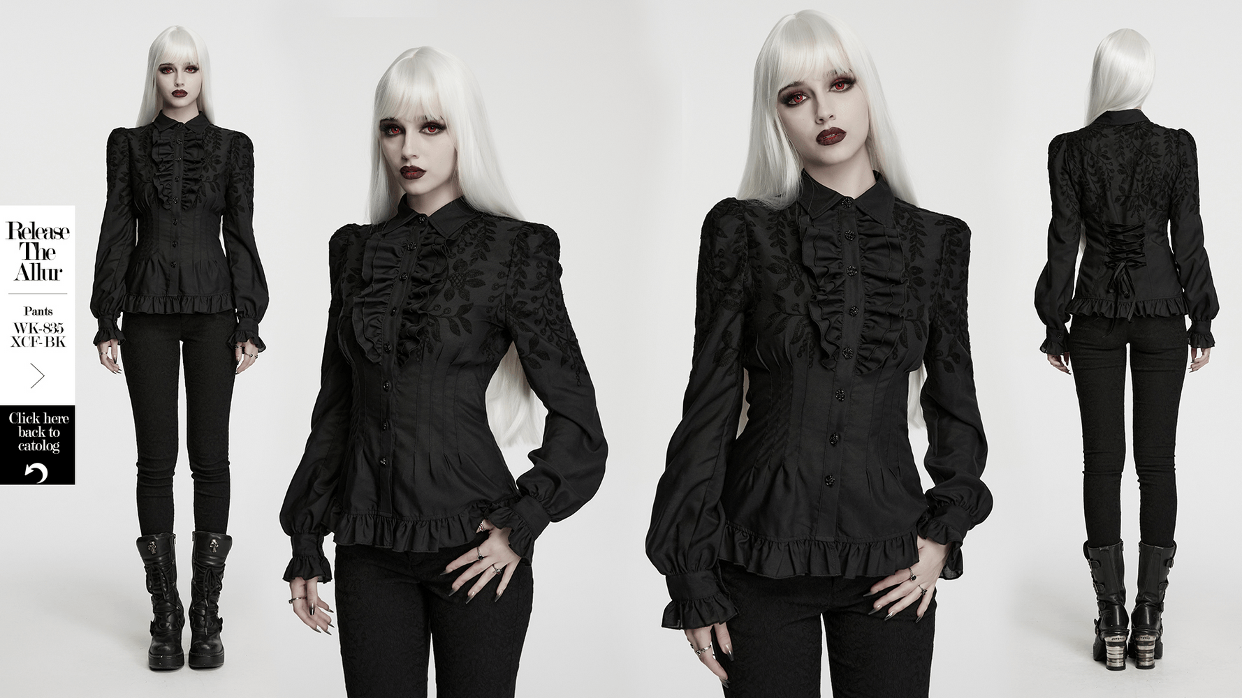 Schwarze Gothic-Rüschenbluse mit Blumenstickerei