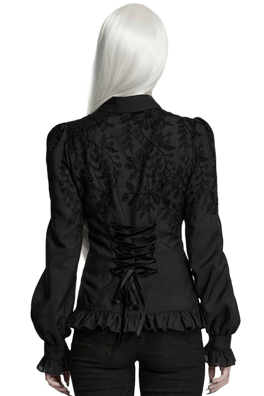 Schwarze Gothic-Rüschenbluse mit Blumenstickerei