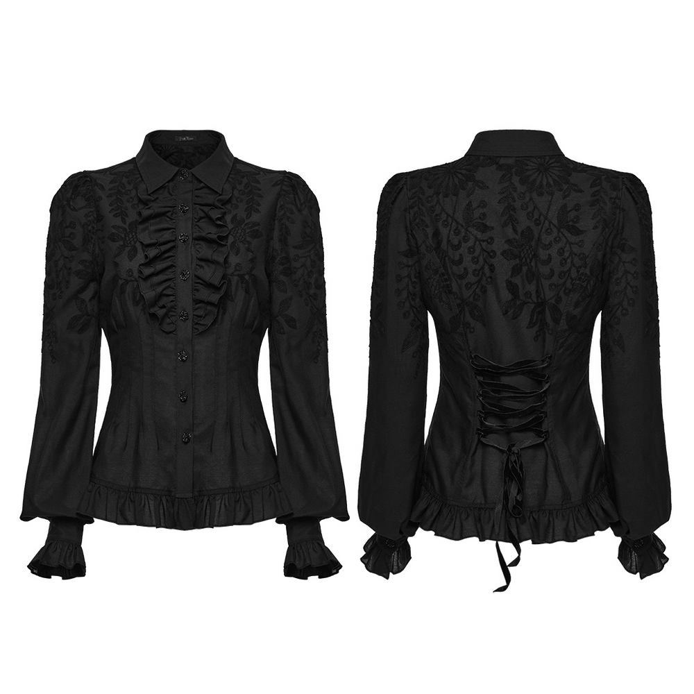 Schwarze Gothic-Rüschenbluse mit Blumenstickerei