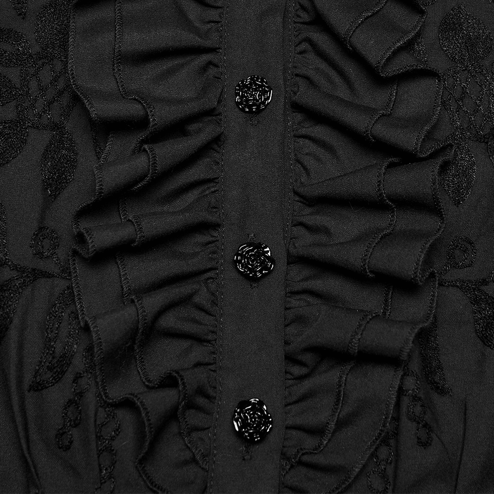 Schwarze Gothic-Rüschenbluse mit Blumenstickerei