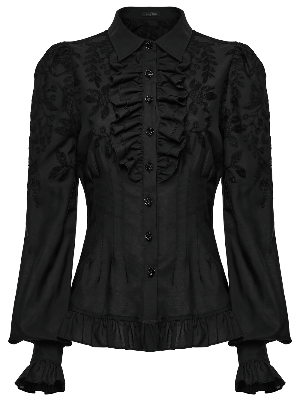 Schwarze Gothic-Rüschenbluse mit Blumenstickerei