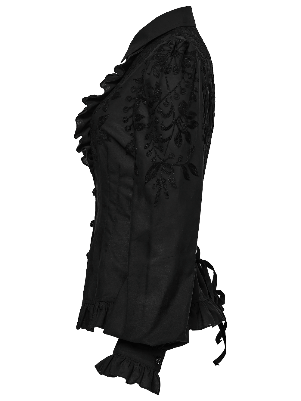 Schwarze Gothic-Rüschenbluse mit Blumenstickerei