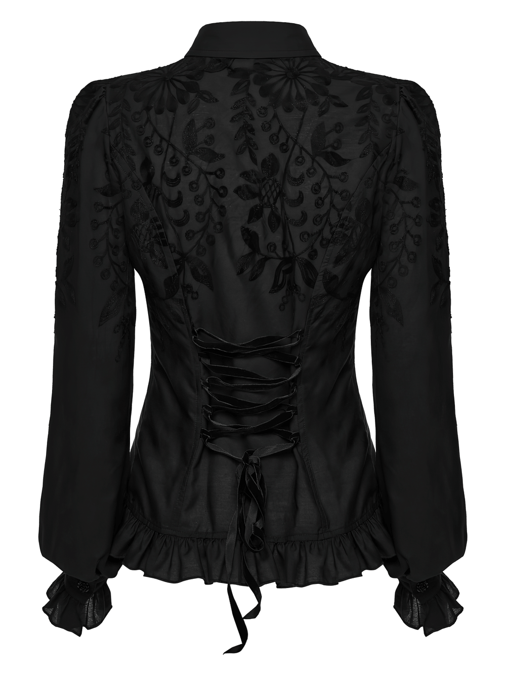 Schwarze Gothic-Rüschenbluse mit Blumenstickerei