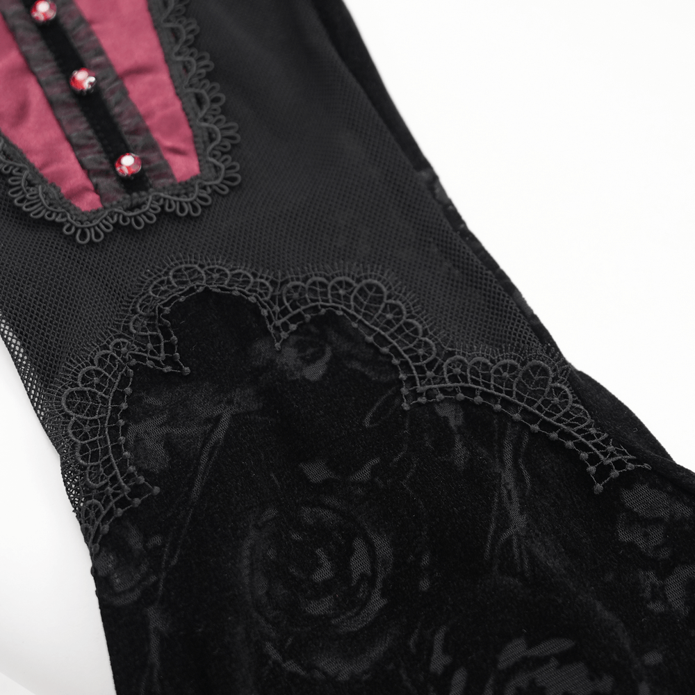 Pantalon évasé gothique noir en dentelle florale avec patchs cercueil