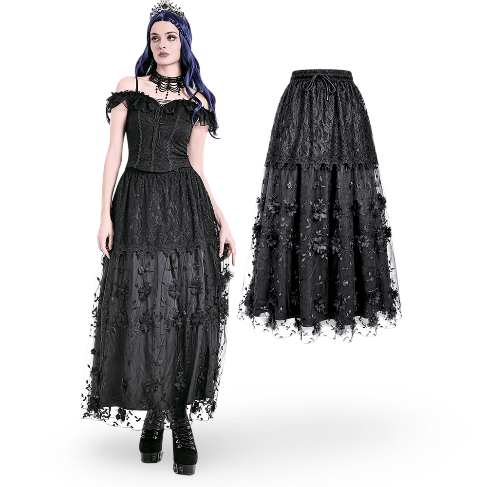 Gothic Black Floral Lace Maxi Skirt for Women in elegant layered lace with floral embellishments, ideal for dark aesthetic outfits.