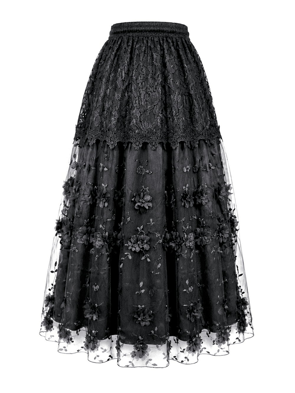 Gothic Black Floral Lace Maxi Skirt for Women featuring layered lace and floral embellishments.