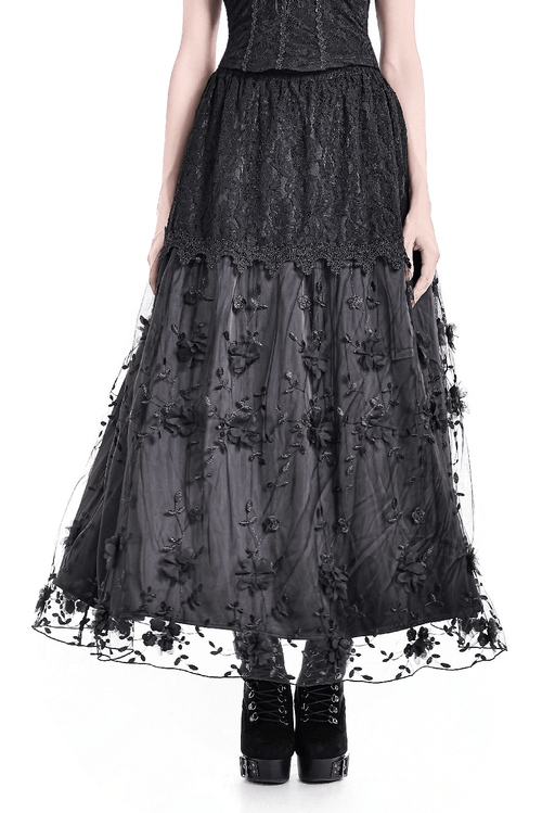 Gothic Black Floral Lace Maxi Skirt for Women