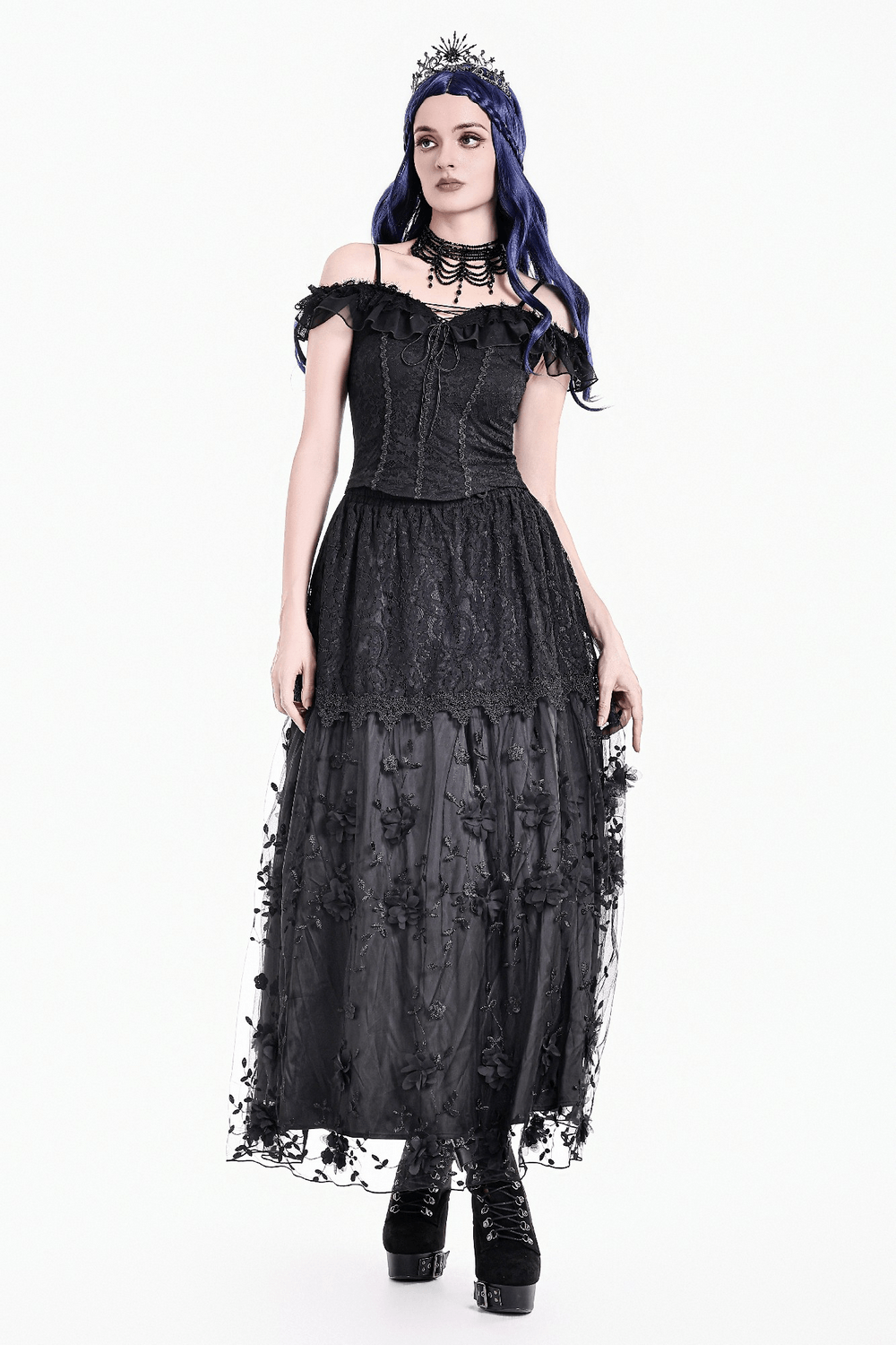 Gothic Black Floral Lace Maxi Skirt for Women styled with a layered lace top and dramatic black platform boots.